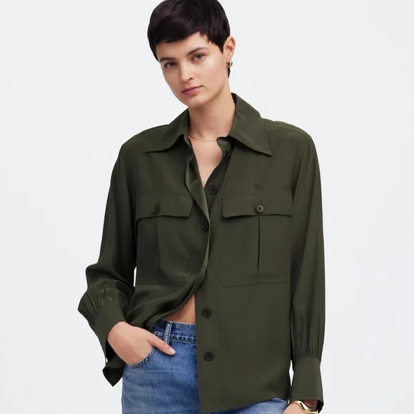 Madewell $168 Dark Green Silk Utility Button-Up Shirt Women's Size S NWT - Picture 2 of 9